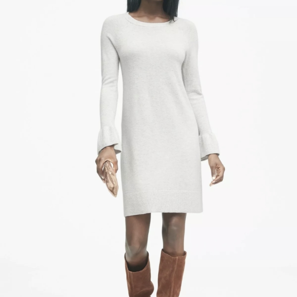 Ruffle Cuff wool Sweater Dress in Light Gray